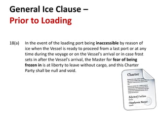 General Ice Clause –
Prior to Loading
18(a) In the event of the loading port being inaccessible by reason of
ice when the Vessel is ready to proceed from a last port or at any
time during the voyage or on the Vessel's arrival or in case frost
sets in after the Vessel's arrival, the Master for fear of being
frozen in is at liberty to leave without cargo, and this Charter
Party shall be null and void.
 