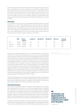 DWT Barrel
capacity
Length (m) Breadth (m) Draught (m) Fleet size*
% owned
by top 10
VLCC 300,000 2,000,000 320 60 20 735 43%
Suezmax 160,000 1,000,000 265 50 17 523 39%
Aframax 115,000 600,000 240 45 15 959 36%
Crude oil tankers have a vital role to play within the energy value chain. Their main
role is to transport crude oil from production point to refinery, although they are
also sometimes used for storing crude oil post production. Crude tankers can also
be used for carrying oil products such as fuel oil. Any clean products that come out
of the refinery are carried on 'clean' or 'product' tankers, which are smaller in size
due to the smaller parcel sizes in which these products are traded. Euronav only
operates in the VLCC and Suezmax segment, this report will therefore focus on crude
oil tankers.
The Asset
Crude oil tankers come in various sizes, the biggest standard size being a Very Large
Crude Carrier – or 'VLCC'. These tankers take up to 2 million barrels of crude oil per
shipment, while the second largest size is the 'Suezmax' which takes around half of
that amount and is the largest size ship that can sail through the Suez Canal fully
laden. The smallest size of dedicated crude oil tankers is an 'Aframax' which can
carry around 600,000 barrels of oil. There are smaller tankers in the market, but
these tend to carry refined oil products and fuel oil, not crude oil.
* 
January 1, 2018
(Source: Clarksons SIN Excludes shuttle tankers)
At Euronav, we
depreciate the
original cost of a
vessel to zero value
over 20 years.

Construction of crude oil tankers takes 9 to 15 months from the time the keel is
first laid. This means that it will take at least two years from the time of newbuilding
contract signature (ordering) until the vessel is delivered because many critical parts
are long-lead items that needs to be ordered and produced before the construction
of the ship can commence. Their sheer size dictates that there is a limited number of
sites capable of building them and these are concentrated in Asia, more specifically
in South Korea, China, and Japan. The price for contracting a tanker newbuilding is
influenced by a number of factors such as the underlying price of energy, steel, labor
costs and available construction finance. The relative demand for contracting new
tonnage also plays a role and may lengthen or shorten waiting time to delivery and
affect price. Over the last ten years the cost of a new VLCC has ranged from around
USD 80 million to USD 160 million. The payment profile on the ships tends to be
very back loaded, typically with a 10% deposit on signing the contract, 20% to 40% in
milestone payments and finally 50% to 70% on delivery.
The economic lifespan of an oil tanker has historically been 25 years, although more
recently this has dropped closer to 20 years. Different tanker companies operate with
their own asset depreciation policies, ranging from 18 to 25 years. At Euronav, we
depreciate the original cost of a vessel to zero value over 20 years.
The Cost Structure
A ship owner chartering his vessel to a customer is paid 'freight'; this is the gross
revenue agreed with the charterer to cover the entire voyage from port of loading to
port of discharge. This revenue is used to cover the cost for the owner to undertake
the voyage, the cost of operating the vessel, any interest payments to loan providers
and other costs associated with owning a ship. Certain fixed costs vary between
shipping companies, most important the purchase price, and each will therefore
have their individual breakeven cost at which it becomes profitable to run the vessels.
However once these fixed costs are covered, all additional revenue results in profit.
Earnings are reported by companies and market watchers in terms of 'dollars per
day' also known as the Time Charter Equivalent (TCE). The cash breakeven TCE for a
VLCC is between USD 20,000 per day to USD 35,000 per day depending for example
THE
BASICS
OF
THE
TANKER
SHIP
MARKET
11
 