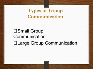 Types of Group
Communication
Small Group
Communication
Large Group Communication
 