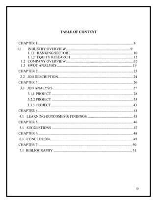 10
TABLE OF CONTENT
CHAPTER 1........................................................................................................... 8
1.1 INDUSTRY OVERVIEW........................................................................9
1.1.1 BANKING SECTOR ........................................................................ 10
1.1.2 EQUITY RESEARCH ...................................................................... 12
1.2 COMPANY OVERVIEW............................................................................15
1.3 SWOT ANALYSIS .................................................................................... 19
CHAPTER 2........................................................................................................... 23
2.2 JOB DESCRIPTION....................................................................................24
CHAPTER 3........................................................................................................... 26
3.1 JOB ANALYSIS..........................................................................................27
3.1.1 PROJECT ........................................................................................... 28
3.2.2 PROJECT ........................................................................................... 35
3.3.3 PROJECT............................................................................................43
CHAPTER 4........................................................................................................... 44
4.1 LEARNING OUTCOMES & FINDINGS ................................................... 45
CHAPTER 5........................................................................................................... 46
5.1 SUGGESTIONS ........................................................................................... 47
CHAPTER 6........................................................................................................... 48
6.1 CONCLUSION.............................................................................................49
CHAPTER 7..........................................................................................................50
7.1 BIBLIOGRAPHY ........................................................................................ 51
 