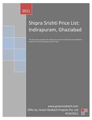 2011


   Shipra Srishti Price List:
   Indirapuram, Ghaziabad
   This document compares the market price and price offered by
   Green Realtech Projects Pvt. Ltd for the Shipra Srishti Project


   Real Estate Group Buying: Form a group with like-minded people
   for Shipra Srishti Project to avail bulk discount, due diligence,
   and advisory.




                  www.greenrealtech.com
  Offer by: Green Realtech Projects Pvt. Ltd
             +91 9971884499, 9971889899
                                9/19/2011
 