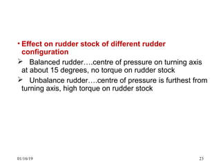 • Effect on rudder stock of different rudder
configuration
 Balanced rudder….centre of pressure on turning axis
at about 15 degrees, no torque on rudder stock
 Unbalance rudder….centre of pressure is furthest from
turning axis, high torque on rudder stock
01/16/19 23
 