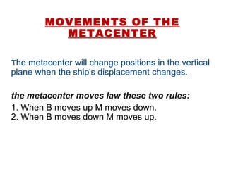 MOVEMENTS OF THE
METACENTER
The metacenter will change positions in the vertical
plane when the ship's displacement changes.
the metacenter moves law these two rules:
1. When B moves up M moves down.
2. When B moves down M moves up.
 