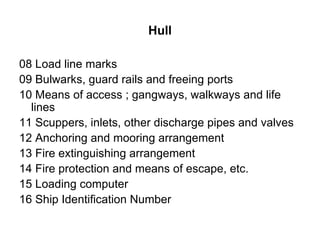 Hull

08 Load line marks
09 Bulwarks, guard rails and freeing ports
10 Means of access ; gangways, walkways and life
  lines
11 Scuppers, inlets, other discharge pipes and valves
12 Anchoring and mooring arrangement
13 Fire extinguishing arrangement
14 Fire protection and means of escape, etc.
15 Loading computer
16 Ship Identification Number
 