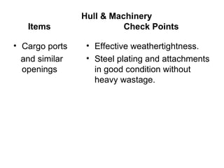 Hull & Machinery
   Items                  Check Points

• Cargo ports    • Effective weathertightness.
  and similar    • Steel plating and attachments
  openings         in good condition without
                   heavy wastage.
 