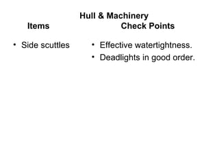 Hull & Machinery
   Items                    Check Points

• Side scuttles     • Effective watertightness.
                    • Deadlights in good order.
 