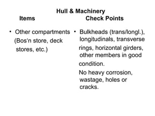 Hull & Machinery
   Items                   Check Points

• Other compartments • Bulkheads (trans/longl.),
  (Bos‘n store, deck   longitudinals, transverse
   stores, etc.)       rings, horizontal girders,
                       other members in good
                       condition.
                       No heavy corrosion,
                       wastage, holes or
                       cracks.
 