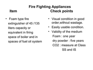 Fire Fighting Appliances
  Item                        Check points

• Foam type fire              • Visual condition in good
  extinguisher of 45 /135       order,without wastage.
  liters capacity or          • Easily usable condition.
  equivalent in firing        • Validity of the medium
  space of boiler and in        Foam : one year
  spaces of fuel oil system     dry powder : five years
                                CO2 : measure at Class
                                        SS and IS
 