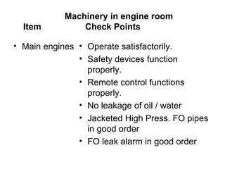 Machinery in engine room
  Item          Check Points

• Main engines • Operate satisfactorily.
               • Safety devices function
                 properly.
               • Remote control functions
                 properly.
               • No leakage of oil / water
               • Jacketed High Press. FO pipes
                 in good order
               • FO leak alarm in good order
 