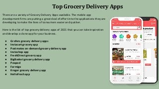 Top Grocery Delivery Apps
There are a variety of Grocery Delivery Apps available. The mobile app
development firms are putting a great deal of effort into the applications they are
developing to make the lives of consumers easier and quicker.
Here is the list of top grocery delivery apps of 2021 that you can take inspiration
and develop a clone app for your business.
● Grofers grocery delivery apps
● Instacart grocery app
● Postmates on-demand grocery delivery app
● Instashop app
● FreshDirect grocery app
● BigBasket grocery delivery app
● Peapod
● Farmigo
● Kroger grocery delivery app
● HelloFresh app
 