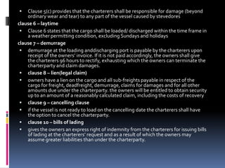 

Clause 5(c) provides that the charterers shall be responsible for damage (beyond
ordinary wear and tear) to any part of the vessel caused by stevedores
clause 6 – laytime
 Clause 6 states that the cargo shall be loaded/ discharged within the time frame in
a weather permitting condition, excluding Sundays and holidays
clause 7 – demurrage
 demurrage at the loading anddischarging port is payable by the charterers upon
receipt of the owners’ invoice. If it is not paid accordingly, the owners shall give
the charterers 96 hours to rectify, exhausting which the owners can terminate the
charterparty and claim damages.
 clause 8 – lien(legal claim)
 owners have a lien on the cargo and all sub-freights payable in respect of the
cargo for freight, deadfreight, demurrage, claims for damages and for all other
amounts due under the charterparty. the owners will be entitled to obtain security
up to an amount of a reasonably calculated claim, including the costs of recovery
 clause 9 – cancelling clause
 if the vessel is not ready to load on the cancelling date the charterers shall have
the option to cancel the charterparty.
 clause 10 – bills of lading
 gives the owners an express right of indemnity from the charterers for issuing bills
of lading at the charterers’ request and as a result of which the owners may
assume greater liabilities than under the charterparty.

 
