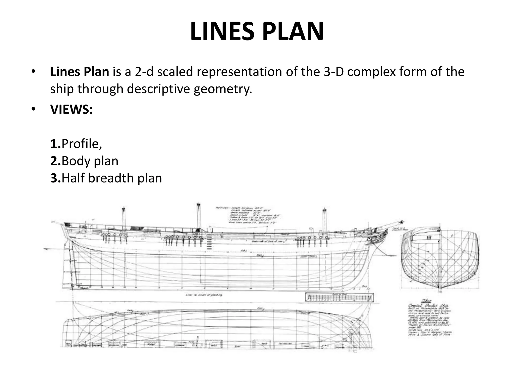 LINES PLAN 
• Lines Plan is a 2-d scaled representation of the 3-D complex form of the 
ship through descriptive geometry. 
• VIEWS: 
1.Profile, 
2.Body plan 
3.Half breadth plan 
 