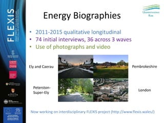 • 2011-2015 qualitative longitudinal
• 74 initial interviews, 36 across 3 waves
• Use of photographs and video
Energy Biog...