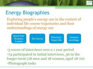 Energy Biographies
Exploring people’s energy use in the context of
individual life course trajectories and their
understandings of energy use
•3 waves of interviews over a 1 year period
•74 participated in initial interviews, 36 in the
longer-term (18 men and 18 women, aged 18-70)
•Photograph tasks
Ely Caerau
Peterston-
Super-Ely
Royal Free
Hospital,
London
Lammas
ecovillage
 