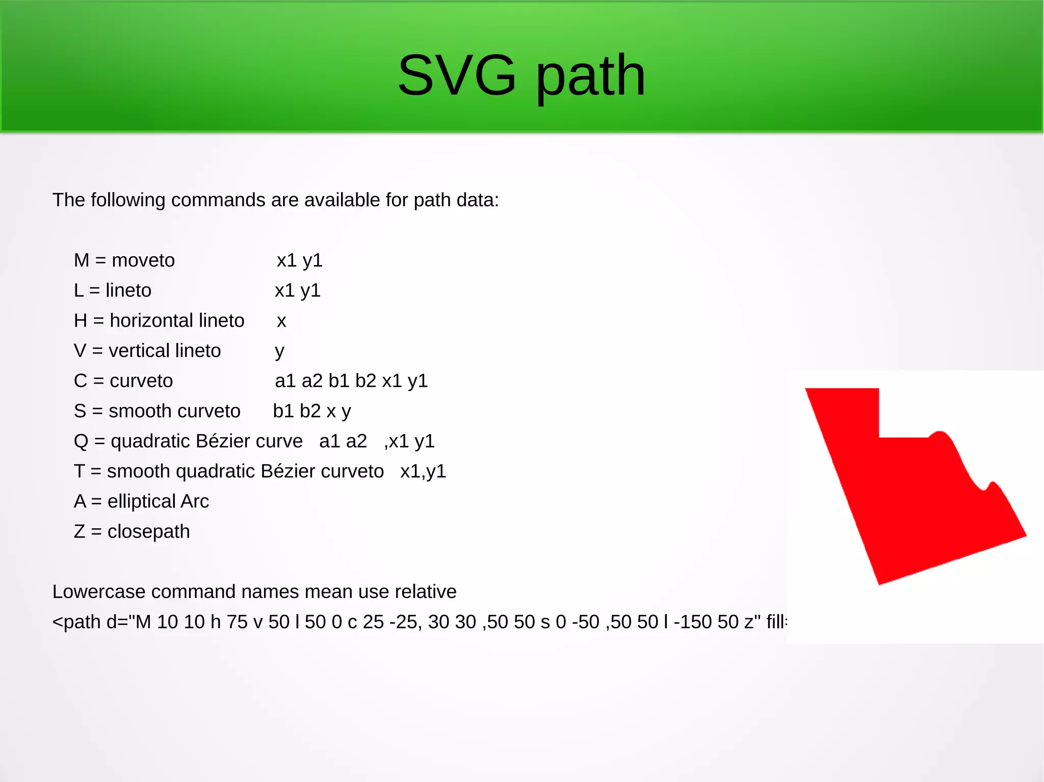 SVG path
The following commands are available for path data:
M = moveto x1 y1
L = lineto x1 y1
H = horizontal lineto x
V = vertical lineto y
C = curveto a1 a2 b1 b2 x1 y1
S = smooth curveto b1 b2 x y
Q = quadratic Bézier curve a1 a2 ,x1 y1
T = smooth quadratic Bézier curveto x1,y1
A = elliptical Arc
Z = closepath
Lowercase command names mean use relative
<path d="M 10 10 h 75 v 50 l 50 0 c 25 -25, 30 30 ,50 50 s 0 -50 ,50 50 l -150 50 z" fill="red" />
 