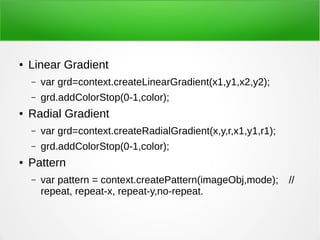 ● Linear Gradient
– var grd=context.createLinearGradient(x1,y1,x2,y2);
– grd.addColorStop(0-1,color);
● Radial Gradient
– var grd=context.createRadialGradient(x,y,r,x1,y1,r1);
– grd.addColorStop(0-1,color);
● Pattern
– var pattern = context.createPattern(imageObj,mode); //
repeat, repeat-x, repeat-y,no-repeat.
 