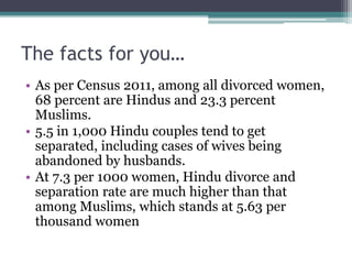 The facts for you…
• As per Census 2011, among all divorced women,
68 percent are Hindus and 23.3 percent
Muslims.
• 5.5 in 1,000 Hindu couples tend to get
separated, including cases of wives being
abandoned by husbands.
• At 7.3 per 1000 women, Hindu divorce and
separation rate are much higher than that
among Muslims, which stands at 5.63 per
thousand women
 