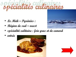 • Le Midi – Pyrénées :
• Région de sud – ouest
• spécialité culitaire : foie gras et de canard
• entrée
 