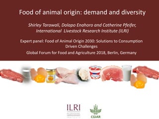 Food of animal origin: demand and diversity
Shirley Tarawali, Dolapo Enahoro and Catherine Pfeifer,
International Livestock Research Institute (ILRI)
Expert panel: Food of Animal Origin 2030: Solutions to Consumption
Driven Challenges
Global Forum for Food and Agriculture 2018, Berlin, Germany
 