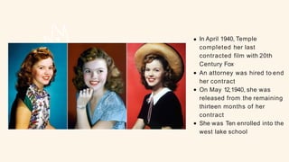 In April 1940, Temple
completed her last
contracted film with 20th
Century Fox
An attorney was hired to end
her contract
On May 12,1940, she was
released from the remaining
thirteen months of her
contract
She was Ten enrolled into the
west lake school
 