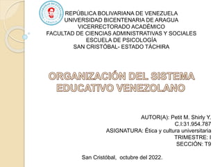 REPÚBLICA BOLIVARIANA DE VENEZUELA
UNIVERSIDAD BICENTENARIA DE ARAGUA
VICERRECTORADO ACADÉMICO
FACULTAD DE CIENCIAS ADMINISTRATIVAS Y SOCIALES
ESCUELA DE PSICOLOGÍA
SAN CRISTÓBAL- ESTADO TÁCHIRA
AUTOR(A): Petit M. Shirly Y.
C.I:31.954.787
ASIGNATURA: Ética y cultura universitaria
TRIMESTRE: I
SECCIÓN: T9
San Cristóbal, octubre del 2022.
 