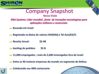 Company Snapshot
Baseada em Israel
Registrado na Bolsa de valores NASDAQ e Tel Aviv(ESLT)
Receita Anual:  $2.4B
backlog de pedidos: $5 B 
11,000 empregados ; mais de 2,600 emoregados fora de Israel
Entre as 40 maiores empresas do mundo no segmento de Defesa 
Celebrando seu 40th aniversario
Elbit Systems: Lider mundial , fonte  de inovações tecnologicas para 
aplicações militares e comerciais.
Nossa Visão
 