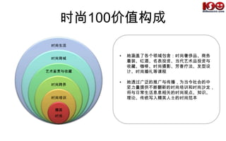 时尚100价值构成她涵盖了各个领域包含：时尚奢侈品、商务着装、红酒、名表投资、当代艺术品投资与收藏、咖啡、时尚摄影、芳香疗法、发型设计、时尚婚礼等课程