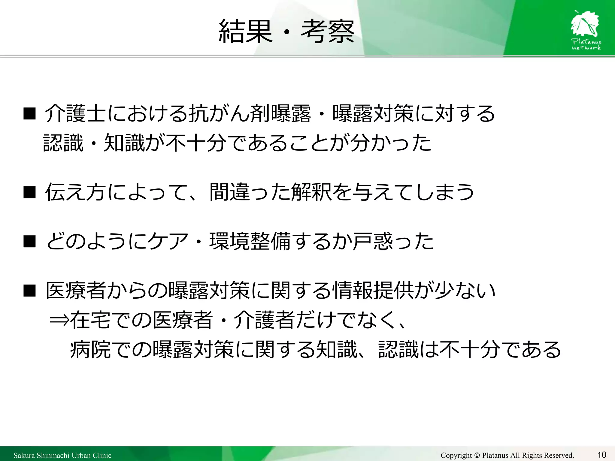 Sakura Shinmachi Urban Clinic Copyright © Platanus All Rights Reserved.
結果・考察
 介護士における抗がん剤曝露・曝露対策に対する
認識・知識が不十分であることが分かった
 伝え方によって、間違った解釈を与えてしまう
 どのようにケア・環境整備するか戸惑った
 医療者からの曝露対策に関する情報提供が少ない
⇒在宅での医療者・介護者だけでなく、
病院での曝露対策に関する知識、認識は不十分である
10
 