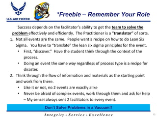 I n t e g r i t y - S e r v i c e - E x c e l l e n c e
*Freebie – Remember Your Role
13
Success depends on the facilitator’s ability to get the team to solve the
problem effectively and efficiently. The Practitioner is a “translator” of sorts.
1. Not all events are the same. People want a recipe on how to do Lean Six
Sigma. You have to “translate” the lean six sigma principles for the event.
• First, “discover.” Have the student think through the context of the
process.
• Doing an event the same way regardless of process type is a recipe for
disaster.
2. Think through the flow of information and materials as the starting point
and work from there.
• Like it or not, no 2 events are exactly alike
• Never be afraid of complex events, work through them and ask for help
– My sensei always sent 2 facilitators to every event.
Don’t Solve Problems in a Vacuum!!
 
