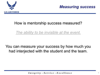 I n t e g r i t y - S e r v i c e - E x c e l l e n c e
Measuring success
5
How is mentorship success measured?
The ability to be invisible at the event.
You can measure your success by how much you
had interjected with the student and the team.
 