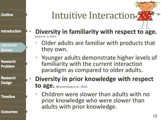 Intuitive Interaction
• Diversity in familiarity with respect to age.
(Lawry et. al, 2011)
• Older adults are familiar with products that
they own.
• Younger adults demonstrate higher levels of
familiarity with the current interaction
paradigm as compared to older adults.
• Diversity in prior knowledge with respect
to age. (Brandenburg et al., 2012)
• Children were slower than adults with no
prior knowledge who were slower than
adults with prior knowledge.
12
 