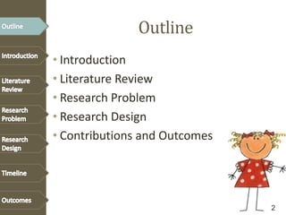 Outline
• Introduction
• Literature Review
• Research Problem
• Research Design
• Contributions and Outcomes
2
 