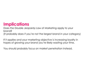 Implications
Does the Double Jeopardy Law of Marketing apply to your
brand?
(It probably does if you’re not the largest brand in your category)

If it applies and your marketing objective is increasing loyalty in
hopes of growing your brand you’re likely wasting your time.

You should probably focus on market penetration instead.
 