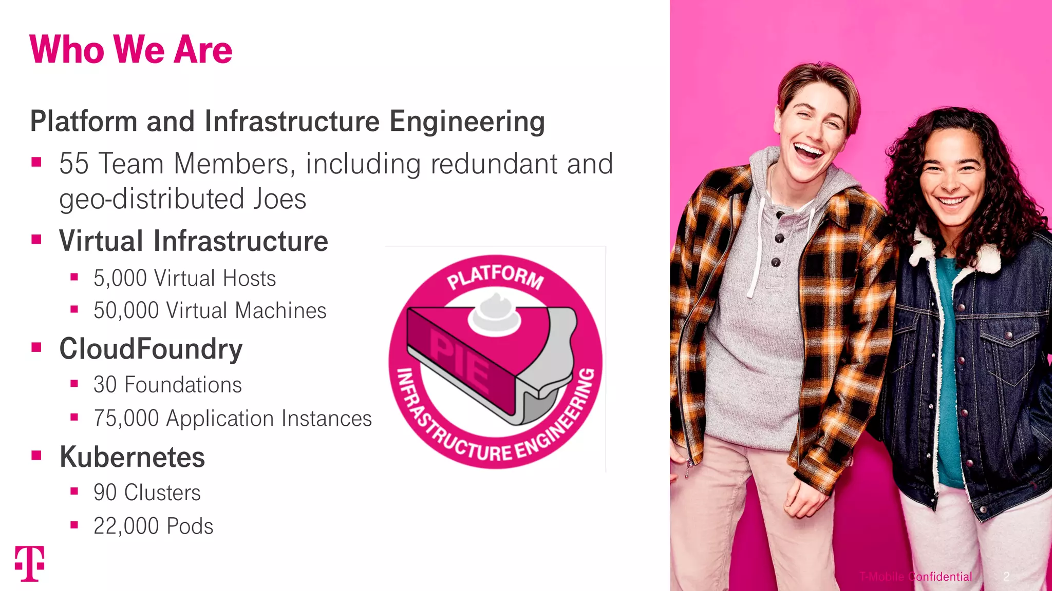 2
Platform and Infrastructure Engineering
§ 55 Team Members, including redundant and
geo-distributed Joes
§ Virtual Infrastructure
§ 5,000 Virtual Hosts
§ 50,000 Virtual Machines
§ CloudFoundry
§ 30 Foundations
§ 75,000 Application Instances
§ Kubernetes
§ 90 Clusters
§ 22,000 Pods
Who We Are
T-Mobile Confidential
 