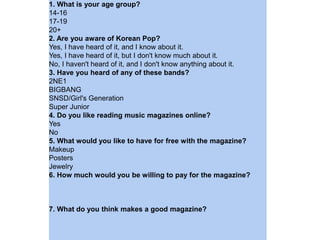 Custom Survey for a Music Magazine
1. What is your age group?
14-16
17-19
20+
2. Are you aware of Korean Pop?
Yes, I have heard of it, and I know about it.
Yes, I have heard of it, but I don't know much about it.
No, I haven't heard of it, and I don't know anything about it.
3. Have you heard of any of these bands?
2NE1
BIGBANG
SNSD/Girl's Generation
Super Junior
4. Do you like reading music magazines online?
Yes
No
5. What would you like to have for free with the magazine?
Makeup
Posters
Jewelry
6. How much would you be willing to pay for the magazine?
7. What do you think makes a good magazine?
 