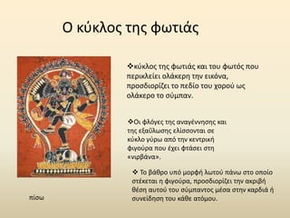 Ο κύκλος της φωτιάς
Οι φλόγες της αναγέννησης και
της εξαΰλωσης ελίσσονται σε
κύκλο γύρω από την κεντρική
φιγούρα που έχει φτάσει στη
«νιρβάνα».
κύκλος της φωτιάς και του φωτός που
περικλείει ολάκερη την εικόνα,
προσδιορίζει το πεδίο του χορού ως
ολάκερο το σύμπαν.
 Το βάθρο υπό μορφή λωτού πάνω στο οποίο
στέκεται η φιγούρα, προσδιορίζει την ακριβή
θέση αυτού του σύμπαντος μέσα στην καρδιά ή
συνείδηση του κάθε ατόμου.πίσω
 