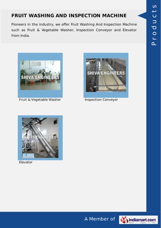 Pioneers in the industry, we oﬀer Fruit Washing And Inspection Machine
such as Fruit & Vegetable Washer, Inspection Conveyor and Elevator
from India.

Fruit & Vegetable Washer

Inspection Conveyor

Elevator

A Member of

Products

FRUIT WASHING AND INSPECTION MACHINE

 