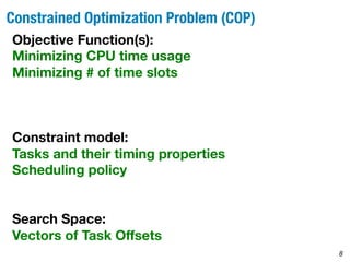 Constrained Optimization Problem (COP) 
8 
Objective Function(s): 
Minimizing CPU time usage 
Minimizing # of time slots 
Constraint model: 
Tasks and their timing properties 
Scheduling policy 
Search Space: 
Vectors of Task Offsets 
 