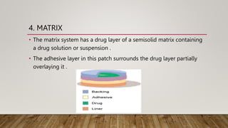 4. MATRIX
• The matrix system has a drug layer of a semisolid matrix containing
a drug solution or suspension .
• The adhesive layer in this patch surrounds the drug layer partially
overlaying it .
 