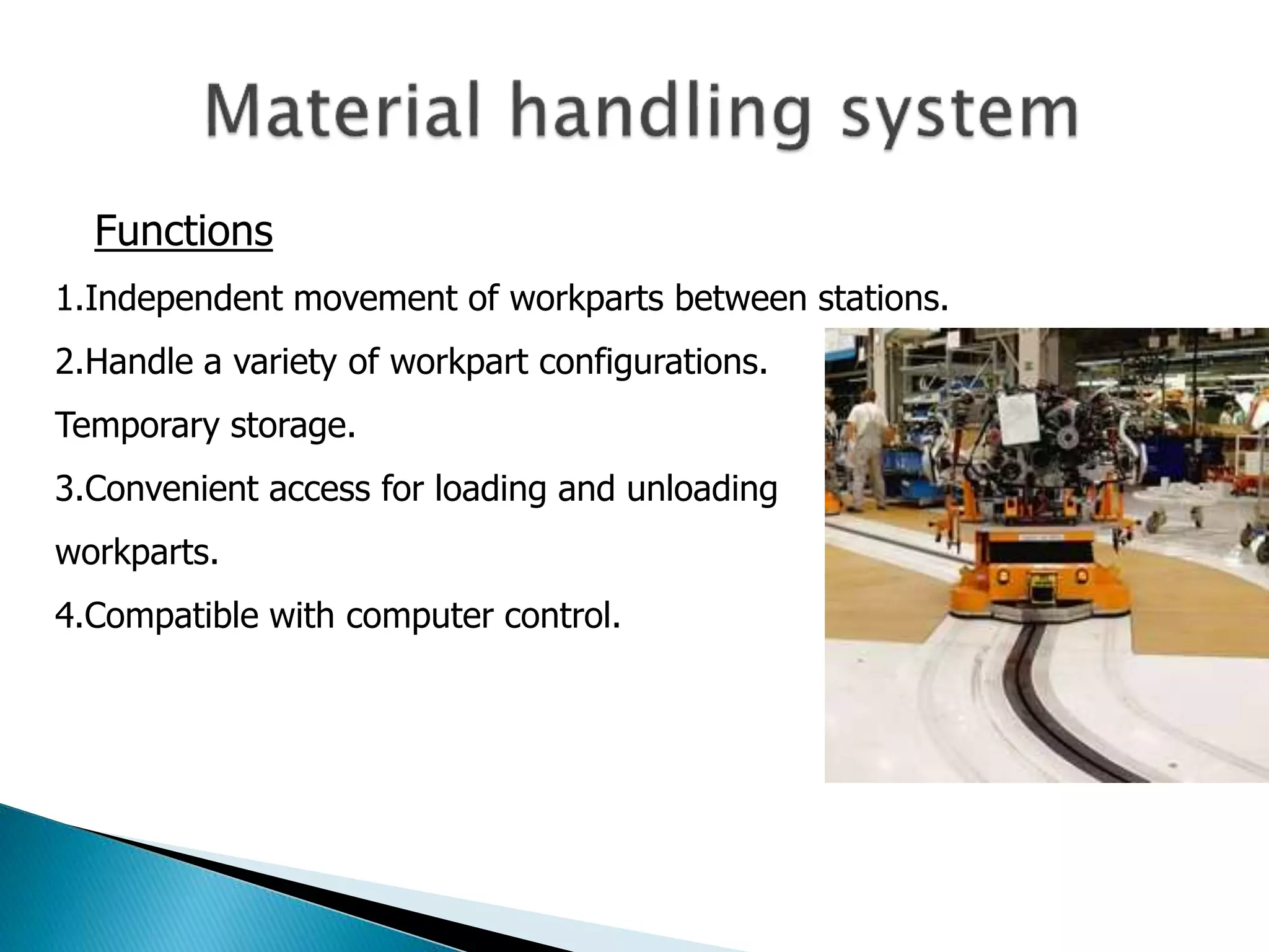 Functions 
1.Independent movement of workparts between stations. 
2.Handle a variety of workpart configurations. 
Temporary storage. 
3.Convenient access for loading and unloading 
workparts. 
4.Compatible with computer control. 
 