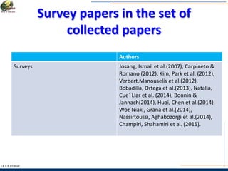 Survey papers in the set of
collected papers
I & S E |IIT KGP
Authors
Surveys Josang, Ismail et al.(2007), Carpineto &
Romano (2012), Kim, Park et al. (2012),
Verbert,Manouselis et al.(2012),
Bobadilla, Ortega et al.(2013), Natalia,
Cue´ Llar et al. (2014), Bonnin &
Jannach(2014), Huai, Chen et al.(2014),
Woz´Niak , Grana et al.(2014),
Nassirtoussi, Aghabozorgi et al.(2014),
Champiri, Shahamiri et al. (2015).
 
