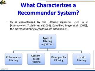 What Characterizes a
Recommender System?
I & S E |IIT KGP
Types of
filtering
algorithms
Collaborative
filtering
Content-
based
filtering
Demographic
Filtering
Hybrid
filtering
• RS is characterized by the filtering algorithm used in it
[Adomavicius, Tuzhilin et.al.(2005), Candillier, Meye et.al.(2007)],
the different filtering algorithms are cited below:
 