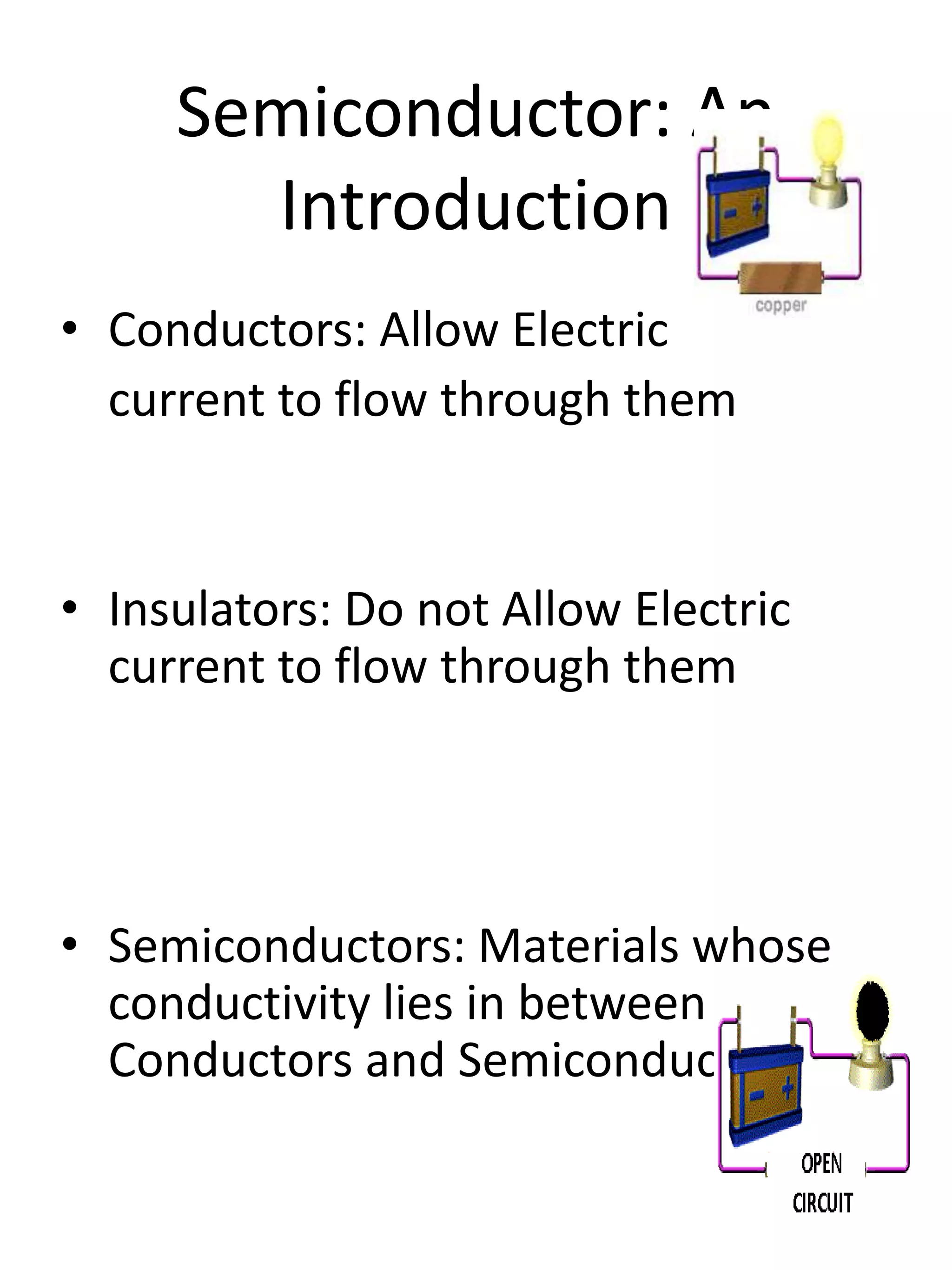 Semiconductor: An
Introduction
• Conductors: Allow Electric
current to flow through them
• Insulators: Do not Allow Electric
current to flow through them
• Semiconductors: Materials whose
conductivity lies in between of
Conductors and Semiconductor
 