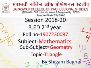 Session 2018-20
B.ED 2nd year
Roll no-1907230087
Subject-Mathematics
Sub-Subject=Geometry
Topic-Triangle
- By Shivam Baghel
 