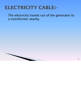 ? The electricity travels out of the generator to
a transformer nearby.
16
ELECTRICITY CABLE:-
 