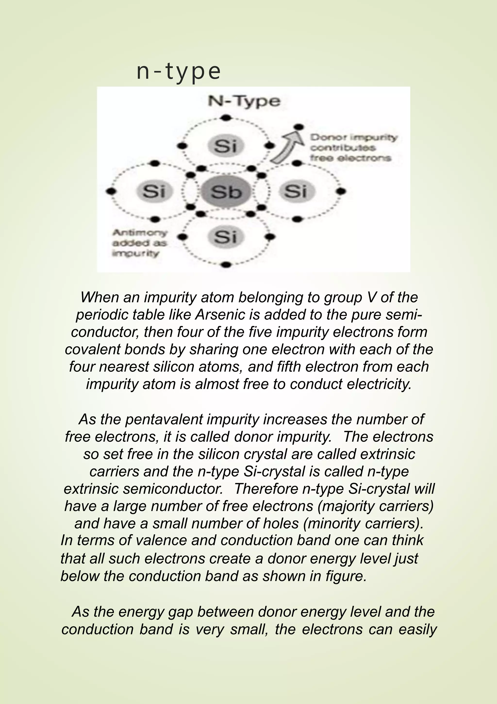 n-type
semiconductor
When an impurity atom belonging to group V of the
periodic table like Arsenic is added to the pure semi-
conductor, then four of the five impurity electrons form
covalent bonds by sharing one electron with each of the
four nearest silicon atoms, and fifth electron from each
impurity atom is almost free to conduct electricity.
As the pentavalent impurity increases the number of
free electrons, it is called donor impurity. The electrons
so set free in the silicon crystal are called extrinsic
carriers and the n-type Si-crystal is called n-type
extrinsic semiconductor. Therefore n-type Si-crystal will
have a large number of free electrons (majority carriers)
and have a small number of holes (minority carriers).
In terms of valence and conduction band one can think
that all such electrons create a donor energy level just
below the conduction band as shown in figure.
As the energy gap between donor energy level and the
conduction band is very small, the electrons can easily
 