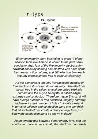 n-type
semiconductor
When an impurity atom belonging to group V of the
periodic table like Arsenic is added to the pure semi-
conductor, then four of the five impurity electrons form
covalent bonds by sharing one electron with each of the
four nearest silicon atoms, and fifth electron from each
impurity atom is almost free to conduct electricity.
As the pentavalent impurity increases the number of
free electrons, it is called donor impurity. The electrons
so set free in the silicon crystal are called extrinsic
carriers and the n-type Si-crystal is called n-type
extrinsic semiconductor. Therefore n-type Si-crystal will
have a large number of free electrons (majority carriers)
and have a small number of holes (minority carriers).
In terms of valence and conduction band one can think
that all such electrons create a donor energy level just
below the conduction band as shown in figure.
As the energy gap between donor energy level and the
conduction band is very small, the electrons can easily
 