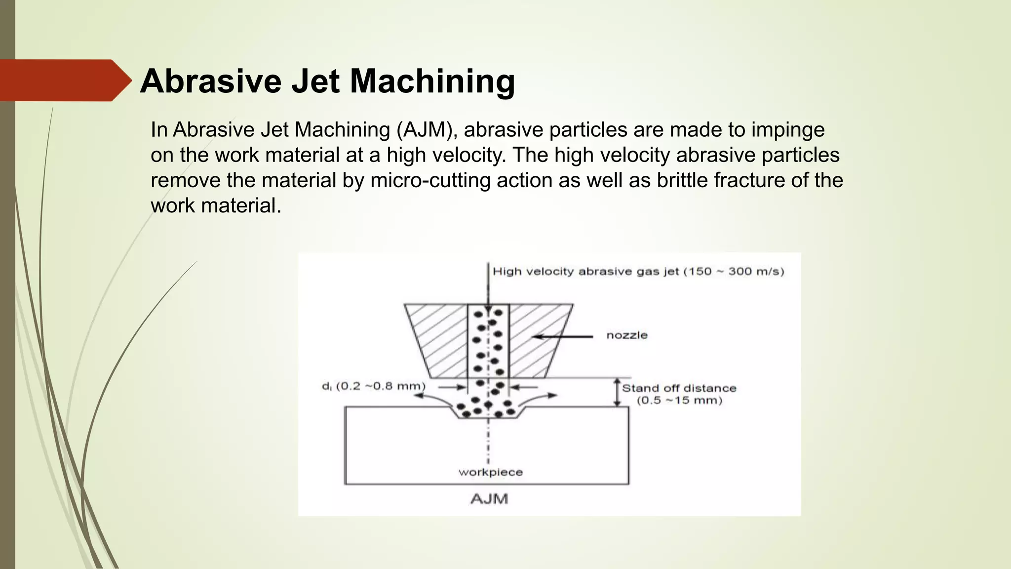 Abrasive Jet Machining
In Abrasive Jet Machining (AJM), abrasive particles are made to impinge
on the work material at a high velocity. The high velocity abrasive particles
remove the material by micro-cutting action as well as brittle fracture of the
work material.
 