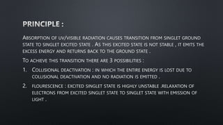 ABSORPTION OF UV/VISIBLE RADIATION CAUSES TRANSITION FROM SINGLET GROUND
STATE TO SINGLET EXCITED STATE . AS THIS EXCITED STATE IS NOT STABLE , IT EMITS THE
EXCESS ENERGY AND RETURNS BACK TO THE GROUND STATE .
TO ACHIEVE THIS TRANSITION THERE ARE 3 POSSIBILITIES :
1. COLLISIONAL DEACTIVATION : IN WHICH THE ENTIRE ENERGY IS LOST DUE TO
COLLISIONAL DEACTIVATION AND NO RADIATION IS EMITTED .
2. FLOURESCENCE : EXCITED SINGLET STATE IS HIGHLY UNSTABLE .RELAXATION OF
ELECTRONS FROM EXCITED SINGLET STATE TO SINGLET STATE WITH EMISSION OF
LIGHT .
 