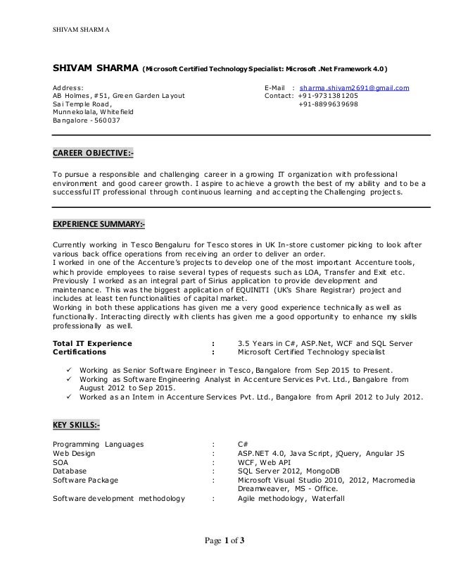 shivam sharma resume net developer resume net developer